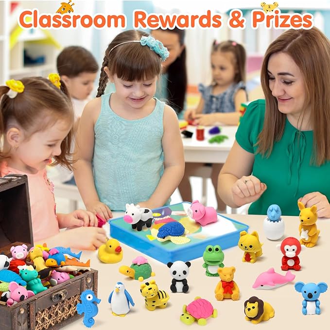 Moosia 34 Pack Animal Pencil Erasers for Kids, 3D Mini Puzzle Take Apart Erasers, Desk Pets & Treasure Box Toys, Bulk Party Favors, Classroom Prizes, School Supplies, Gift for Boys & Girls