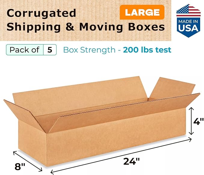 Large Shipping & Moving Boxes 24 x 8 x 4 inches (5-Pack) - Extra Strength 200 lb vs Regular - Corrugated Cardboard Boxes for USPS/FEDEX - Packing Box for Moving Large - Big Box by IDL Packaging