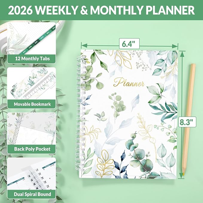 SUNEE 2026 Weekly and Monthly Planner - from January 2026 - December 2026, Daily Agenda Planner with Monthly Tab, Flexible Cover, Note Pages, Pockets, Bookmark, Spiral Binding, Greenery, 6.4" x 8.3"
