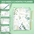 SUNEE 2026 Weekly and Monthly Planner - from January 2026 - December 2026, Daily Agenda Planner with Monthly Tab, Flexible Cover, Note Pages, Pockets, Bookmark, Spiral Binding, Greenery, 6.4" x 8.3"