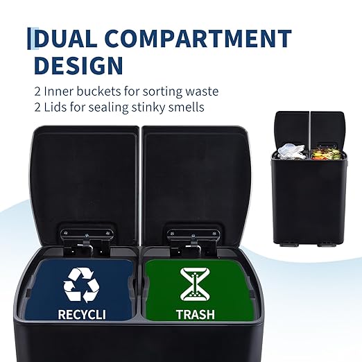 GarveeHome Commercial Dual Trash Can, 16 Gallon Stainless Steel Double Compartment Recycling Bin with Soft-Close Lids, Pedals & Plastic Inner Buckets, 60L Garbage Can for Kitchen, Home, Office, Black