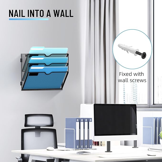 SUPEASY 3-Tier Wall File Holder Organizer with Hooks, Mesh Hanging File Organizer, Mail Organizer Wall Mounted for Papers, Folders, Office Magazine Rack, Black, 2Pack