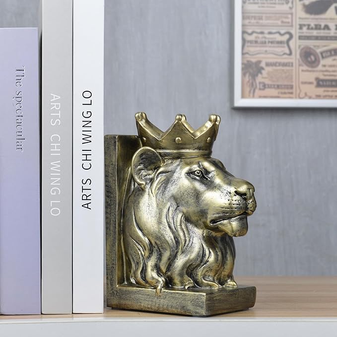 Kakizzy Vintage Gold Lion Book Ends,Animal Decorative Bookends,Resin Book Holder,Luxurious Book Ends for Shelves Rooms Office Home Decor,Unique Book Lover Gift(Gold Lion)