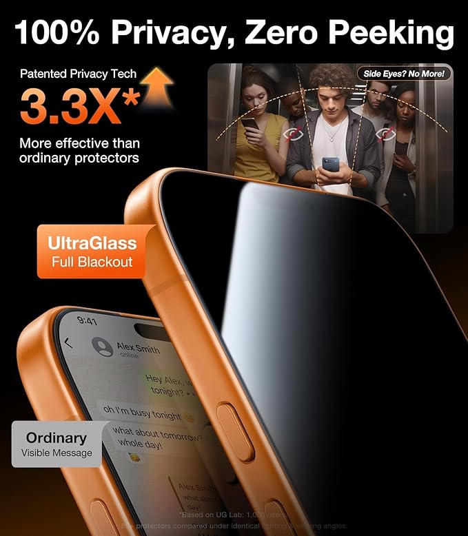 UltraGlass TOP 9H+ Armor for iPhone 17 Privacy Screen Protector [No.1 Military Grade Shatterproof] Privacy Screen iPhone 17 Tempered Glass [100% Anti-Spy] Longest Durable, 2 Pack