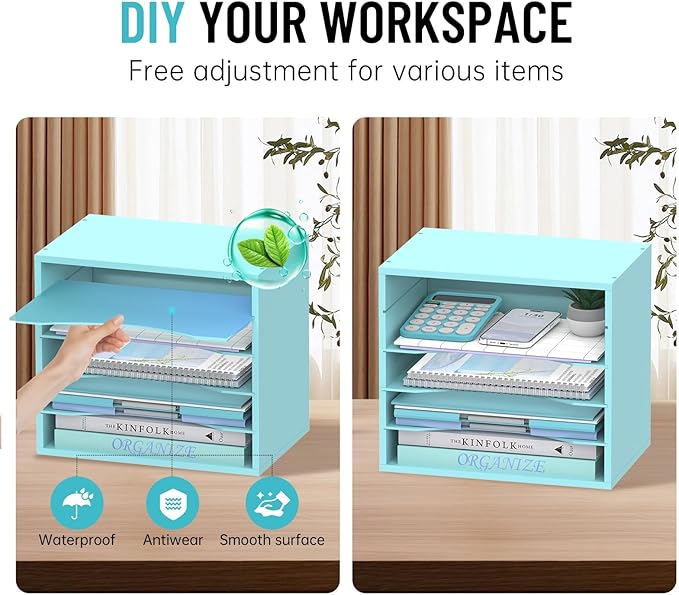SHARKWOODS 5-Tier Wood Desk Organizer, Paper Tray Organizer for Desk with Adjustable Storage Shelves, Desktop File Organization Paper Sorter Mail Holder for Office Home Classroom, Blue