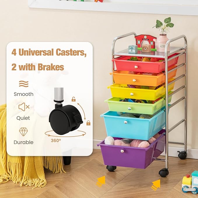 RELAX4LIFE 6-Drawer Rolling Storage Cart - Classroom Organization on Wheels w/Removable Plastic Drawers, Mobile Art Craft Cart for School Paper Home Office, Utility Cart with Drawers (Multicolor)