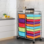 HAPPYGRILL 15-Drawer Rolling Cart, Storage Carts with Removable Drawers & Steel Frame, Utility Cart on Lockable Wheels for Home, School, Office,Multicolorful