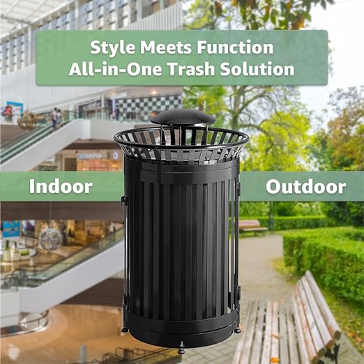 Zedfire 45 Gallon Black Waste Bin with Lid and Door, Outdoor Heavy-Duty Commercial Trash Can Steel Slatted, Round Recycle Container, Durable Garbage Can for Parks, Municipalities, Parking, Schools