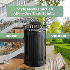 Zedfire 45 Gallon Black Waste Bin with Lid and Door, Outdoor Heavy-Duty Commercial Trash Can Steel Slatted, Round Recycle Container, Durable Garbage Can for Parks, Municipalities, Parking, Schools