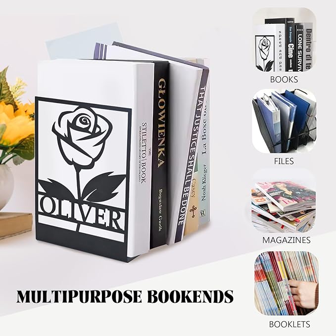 Personalized Floral Decorative Book Ends, Heavy Duty Bookends for Shelves, Non-Slip Book Stopper, Metal Modern Bookshelf Decor for Home Office Study Room, Book Lovers Gift Color04