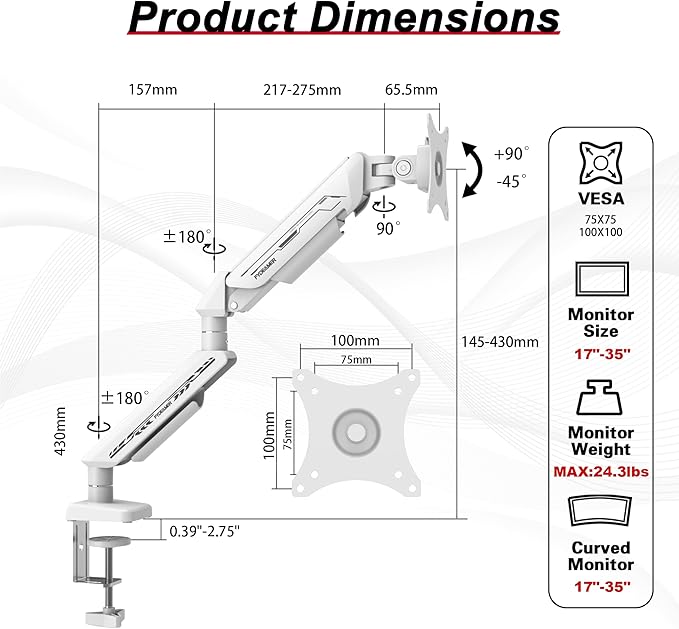 Fydeamer Monitor Arm for 17-35" Screens up to 24.2 lbs, Ergonomic Gas Spring Monitor Stand with Height Adjust, Tilt, Swivel & Cable Management, VESA Desk Mount with 2 Types of Installation, White
