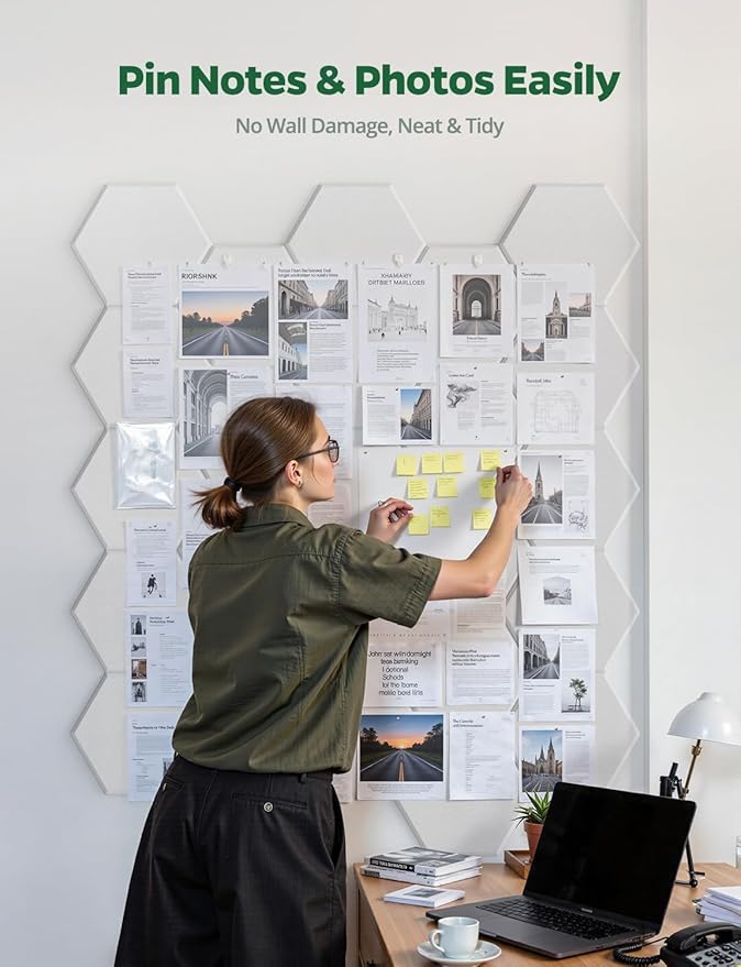 Large Bulletin Board 12" x 10", 12 Pack White Cork Boards for Walls, Self-Adhesive Hexagon Felt Pushpins Wall Tiles, Display for Messages, DIY Notice, Photo Decorations, Classroom, Office, Bedroom