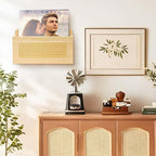 BXAIGR Rustic Wall Mounted Magazine Rack - Solid Wood Mail Holder with Rattan Weave, Boho File Organizer for Magazine,Books, Records(1 PACK)