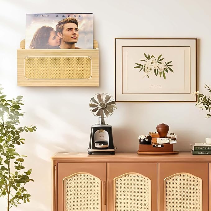 BXAIGR Rustic Wall Mounted Magazine Rack - Solid Wood Mail Holder with Rattan Weave, Boho File Organizer for Magazine,Books, Records(1 PACK)