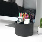 Hennaja Round Leather Art Supply Organizer,Remote Control Holder,360 Degree Spinning,Multi-Functional Pencil Holder,4 Compartments Desktop Stationary Organizer(1-Carved Black)