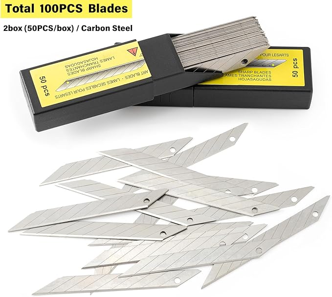 Gomake 100pcs Knife Replacement Blades, 30 Degree Carbon Steel 9mm Snap Off Blades for Retractable Cutting Knives, Hobby, Craft Knife, Box Cutter