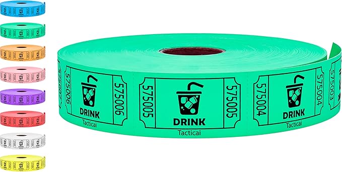 Tacticai 1000 Raffle Tickets, Drink, Green (1 of 8 Colors), Single Roll for Events, Entry, Class Reward, Fundraiser & Prizes