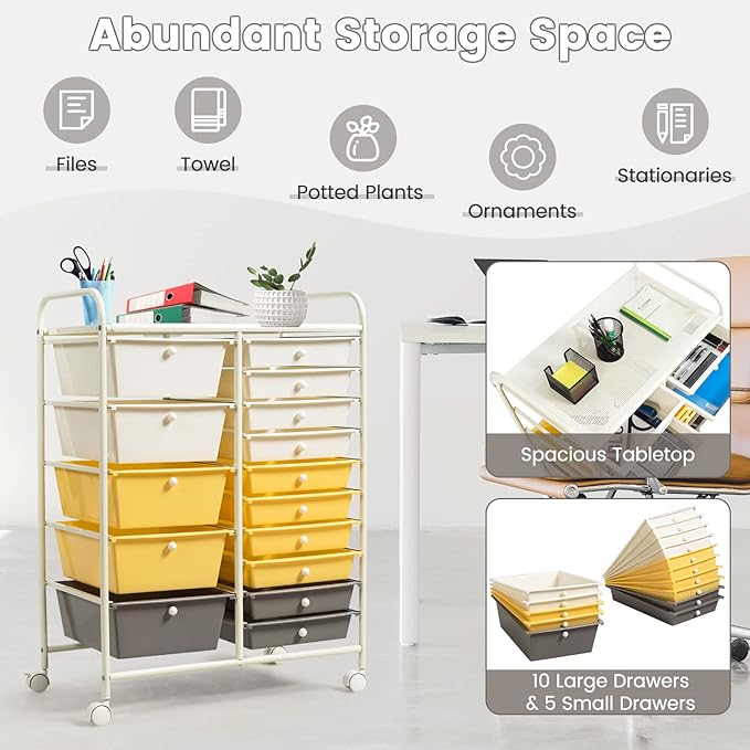 COSTWAY 15 Drawer Rolling Storage Cart, Multipurpose Mobile Storage Organizer w/Removable Drawers & Metal Frame, Utility Tools Paper Organizer on Wheels for Home, Office (Yellow, Beige & Grey)