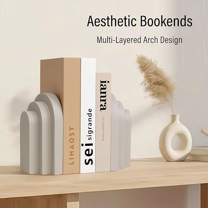 LIN CHUAN Heavy Duty Book Ends for Shelves, Decorative Bookends for Heavy Books Set of 2, 6.6 LBS Modern Book Stopper for Home Decor, Bookshelf, Aesthetic Bookend with Layered Arch Design, Gray