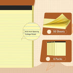 6 Pack Legal Pads 8.5 X11, College Ruled Notebook, 300 Sheets Yellow Note Pad, Writing Pads 8.5x11, Tear Off Notepad, Lined Paper, Notebook Paper for Office Home School, 50 Sheet/Pad