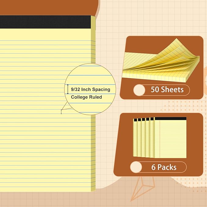 6 Pack Legal Pads 8.5 X11, College Ruled Notebook, 300 Sheets Yellow Note Pad, Writing Pads 8.5x11, Tear Off Notepad, Lined Paper, Notebook Paper for Office Home School, 50 Sheet/Pad