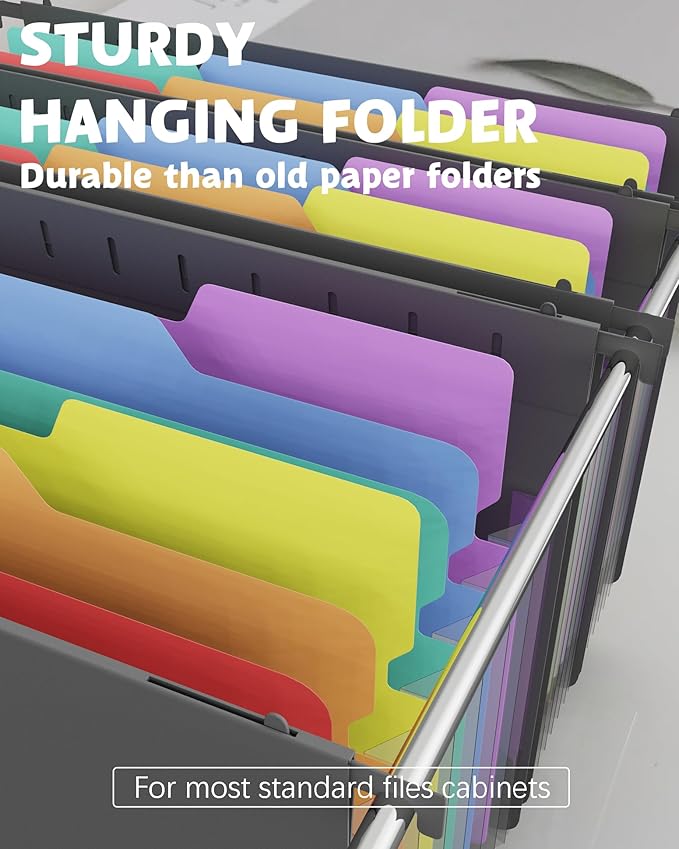 MAIMIS Plastic Expanding Hanging File Folders, 7 Pocket Extra Capacity Accordion Hang Folder, 1/5 Cut Adjustable Tabs, Multi-Color Lables, Letter Size for Filing Cabinet - 6 Pack