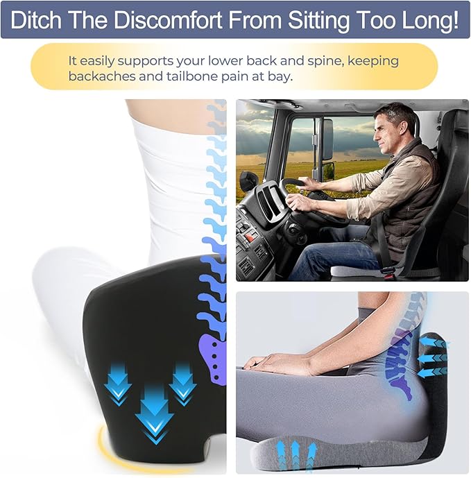 Ergonomic Seat Cushion with Adjustable Strap, Memory Foam Office Chair Seat Cushion with L-Shaped Design, Car Seat Cushion Fits for Truck Driver Semi Truck, Gaming Chair, Desk, Light&Dark Gray