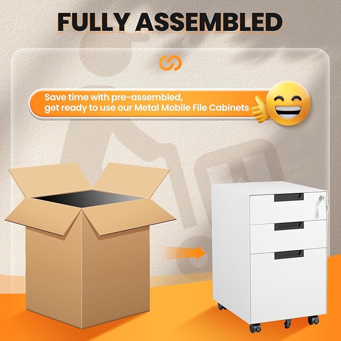 AFAIF 3 Drawer File Cabinet with Lock, Fully Assembled Metal Mobile Filing Cabinets for Home Office, Small Rolling File Caninet on Wheels for Legal/Letter / A4 File, White