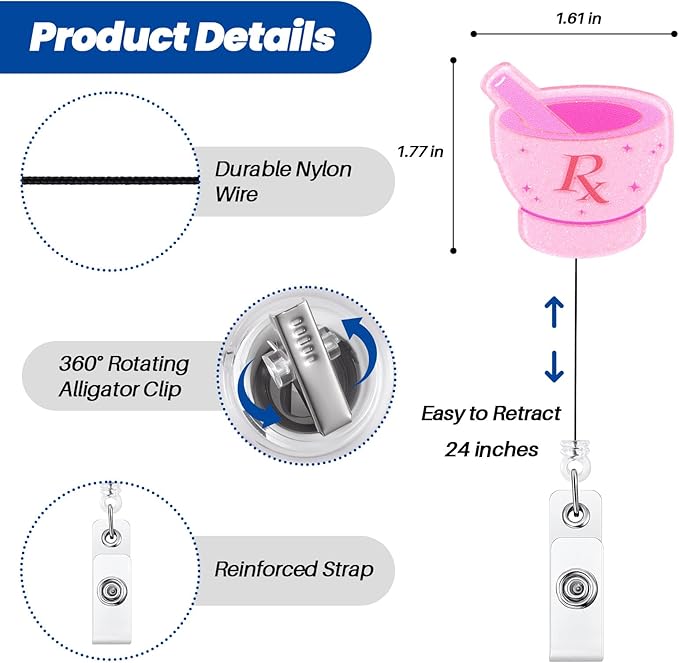 Funny Pink RX Nurse Badge Reel, Cute Pharmacy Tech Mortar and Pestle Retractable ID Card Medical Badge Holder, Name Tag Badge Buddy for RN Pharm Nurse Nursing Student Pharmacist Doctor Medical Workers