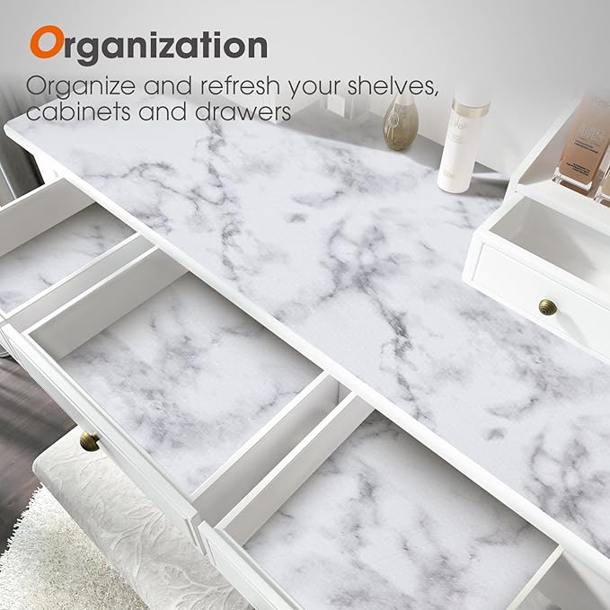 ALIUNI Drawer and Shelf Liner, Non-Slip Kitchen Cabinet Liners Non-Adhesive Thick Strong Grip Waterproof Washable Mats Protect Dresser Shelves Cupboard Bathroom Cabinets, White Marble, 18 in X 20 FT