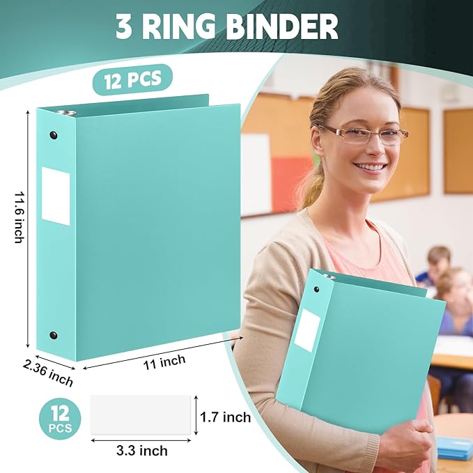 Henoyso 12 Pcs 3 Ring Binder 2 Inch Round Fits Letter Size 8.5'' x 11'' Paper Plastic Flexible Binder Bulk Holds 490 Sheets with 1 Pockets Versatile Organizer for Home Office School (Mint Green)