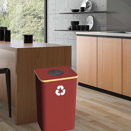 Pakusane Recycling Bin for Kitchen Indoor Home, Large 100L/ 26 Gallon Recycle Bin with Lid Removeable Reusable Inner Bag Bottle Can Glass Waste Plastice Stickers (Red, 26 Gallon)