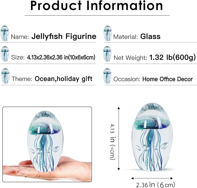 EUSTUMA Hand Blown Glass Jellyfish Figurine Ornament,Sea Animal Ornament for Fish Tank Aquarium,Sea Animals Collection for Birthday Gift,Office Glass Paperweight for Desk.