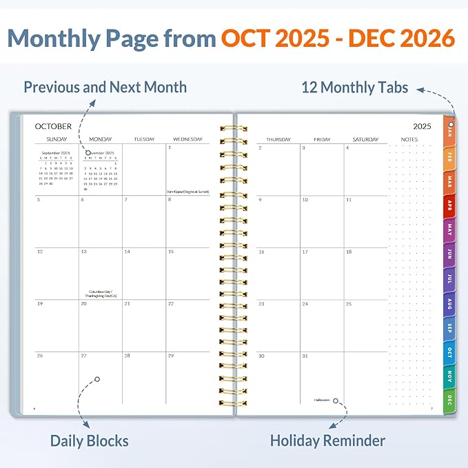 SUNEE 2026 Planner, Weekly and Monthly Calendar Planner, January 2026-December 2026, Daily Agenda with Tabs, Note Pages, Spiral Binding, 6.4"x8.3", Blue