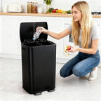 GarveeHome Commercial Dual Trash Can, 16 Gallon Stainless Steel Double Compartment Recycling Bin with Soft-Close Lids, Pedals & Plastic Inner Buckets, 60L Garbage Can for Kitchen, Home, Office, Black