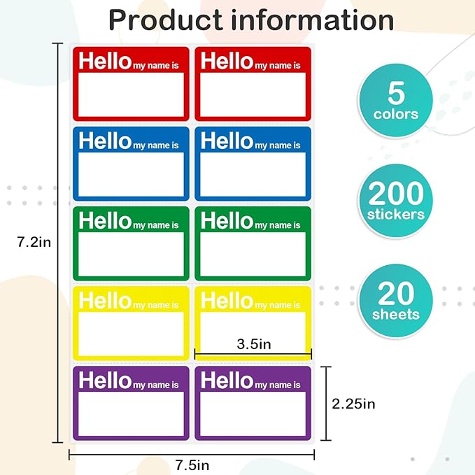 L LIKED Hello My Name is 5 Colors 3.5" x 2.25" 200 Name Tags Stickers for Party, Office, Meeting, School