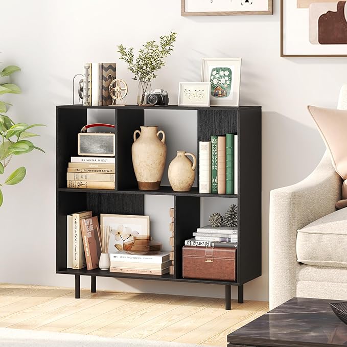 Tangkula 4 Cubby Open Bookcase, 3-Tier Freestanding Bookshelf with Detachable Metal Legs, Anti-toppling Device, Anti-Falling Baffles, Modern Cubicle Display Shelf (1,Black)