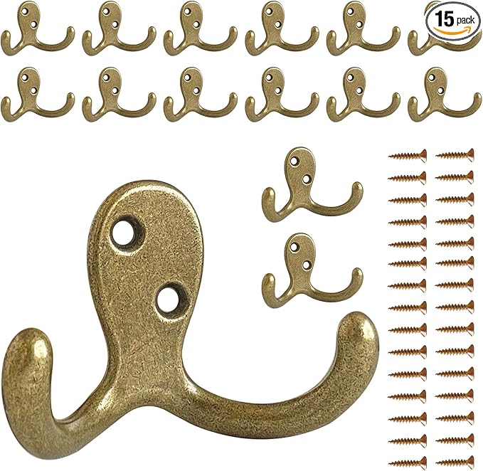 CBWLWJ 15 Pack Coat Hooks Wall Hooks for Hanging, Heavy Duty Double Prong Metal Hook Wall Mounted for Living Room, Bathroom, Kitchen, Bedroom for Coat, Bag, Scarf, Towel, Hat, Key, Cup (Bronze)