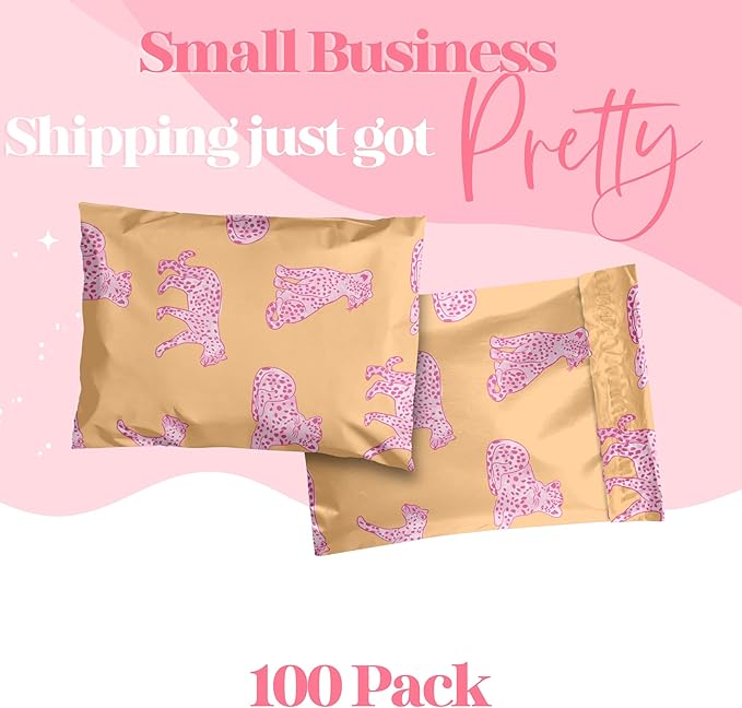 Pretty Package Store 6x9 Designer Poly Mailer 100 Pack Heavy Duty Waterproof Self Seal Shipping Bags for Small Business Large Mailing Envelopes Bulk Tear Resistant Packaging Pink Orange Leopard