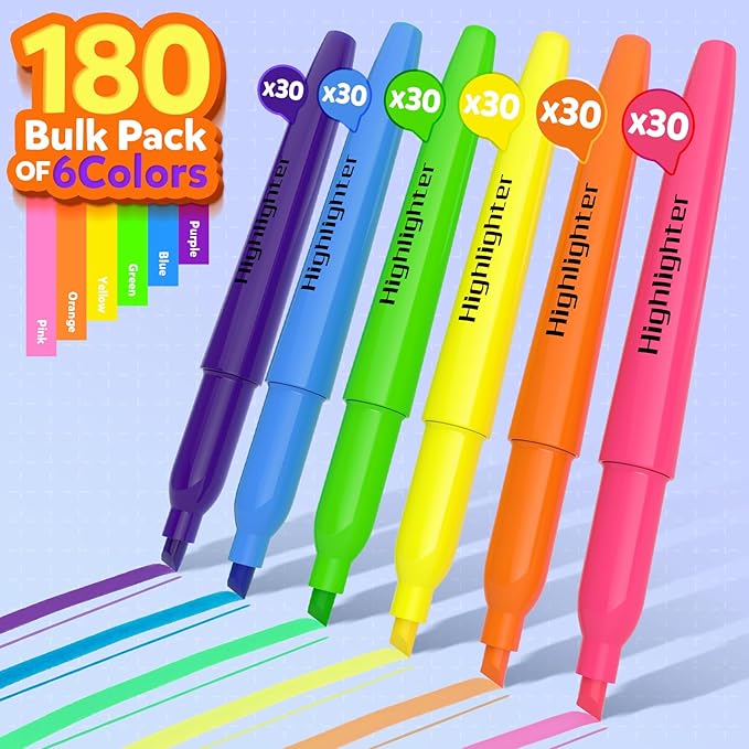 ZERDROFY 180 Count Highlighters Assorted Colors Bulk - No Bleed Dry-Quickly Chisel Tip 6 Colors Highlighter Markers Set for Kids Adults, Classroom Office Must Have, Back to School Supplies for Teacher
