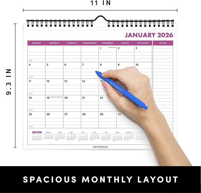PAPERAGE 2026 Calendar, 12 Months (January 2026 - December 2026), Small (9 in x 11 in), Minimalist Wall and Desk Calendar with Monthly Views, Yearly Plans & Notes Section – Raspberry