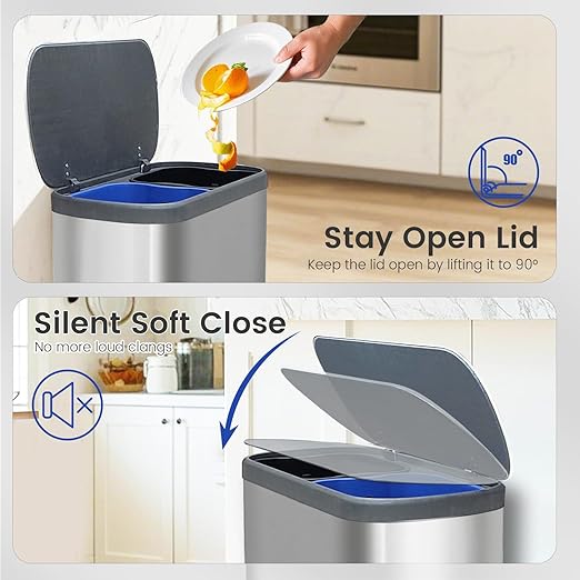 JM ·YIPENG Dual Trash Can Stainless Steel Recycle Bins for Kitchen, 16 Gallon Dual Compartment Recycling Trash Can with Soft-Close Lid and Removable Liner Buckets for Kitchen, Living Room, Sliver