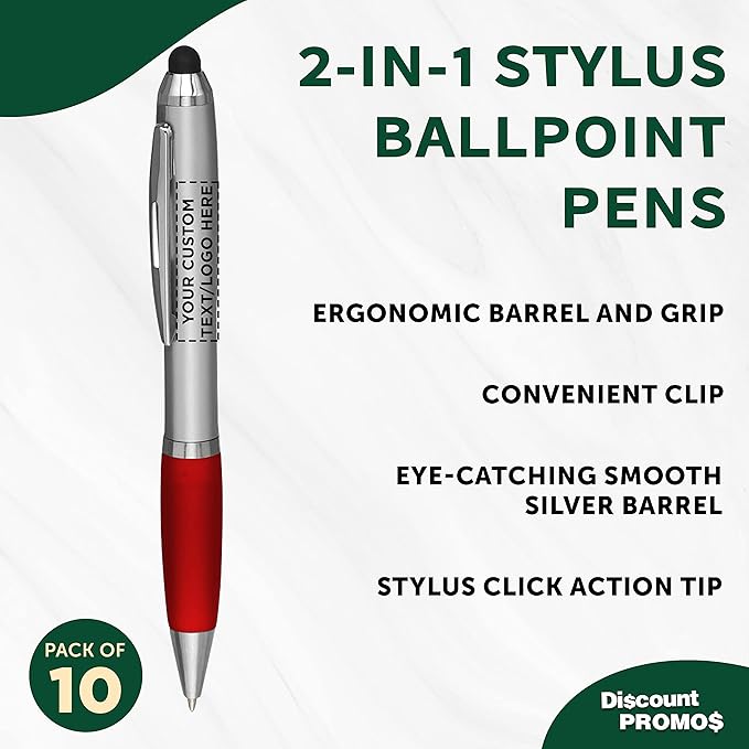 DISCOUNT PROMOS Custom Stylus Ballpoint Pens Set of 10, Personalized Bulk Pack - Black Ink, Great for Office, School, Business, Tradeshows, Events - Red