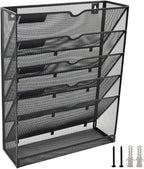 EASEPRES Desk File Organizer Mesh 6-Tier, Hanging Wall Mount Document Organization Stand, Desktop Vertical Mail Paper Folder Holder Rack with Bottom Tray for Office Home Cubicle, Sides Closed, Black