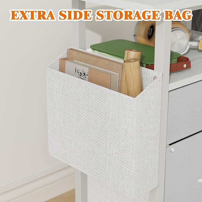 GYIIYUO 2 Drawer File Cabinet with 24'' Extended Desktop, Mobile Filing Cabinet, Rolling File Cabinet with Side Bag, Fabric Drawer, Fits A4/Letter Size, Printer Stand Home Office, White