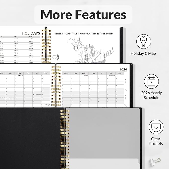 SUNEE 2026 Weekly and Monthly Planner - from January 2026 - December 2026, Daily Agenda Planner with Monthly Tab, Flexible Cover, Note Pages, Pockets, Bookmark, Spiral Binding, Black, 8.5"x11"