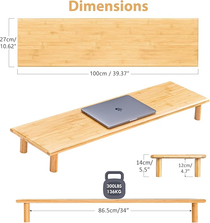 ROCDEER Bamboo Dual Monitor Shelf, Monitor Stand Riser with Underneath Storage for Desk Office Supplies, Supports Heavy TV up to 300 lbs, Natural