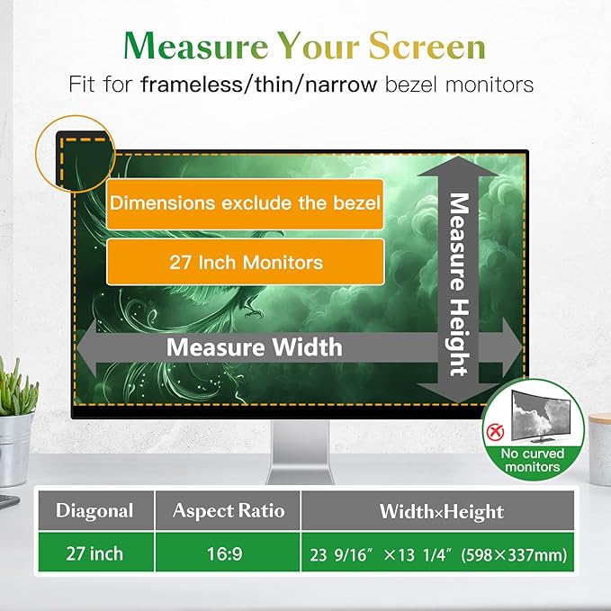 JEEETINTX Magnetic Computer Privacy Screen Filter 27 inch for 16:9 Widescreen Monitor Desktop PC, 27in Hanging Removable Anti Blue Light Glare Eye Protection Shield, Anti Spy Screen Protector Panel