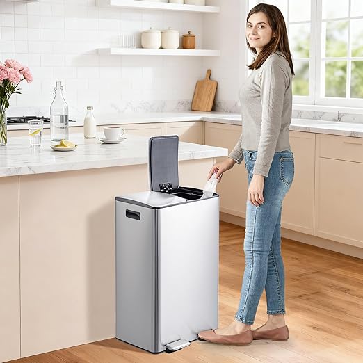 Garvee Kitchen Trash Can, 16 Gal (2 x 30 L) Dual Compartment Garbage Can with Lid and Inner Bucket, Stainless Steel Trash and Recycle Bin Combo with Step Pedal for Home Office, Silver