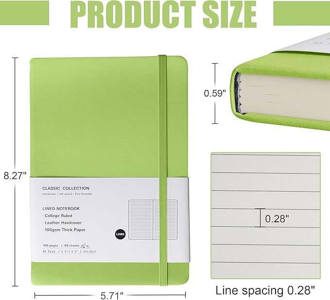 EMOMAS Lined Journal Notebook, 10Pack Hardcover Notebook for Men & Women – Journals for Writing, Work, School, Home & Daily Notes, 160 Pages – Medium A5, 5.7"x8", 100 gsm Thick Paper (Grass Green)